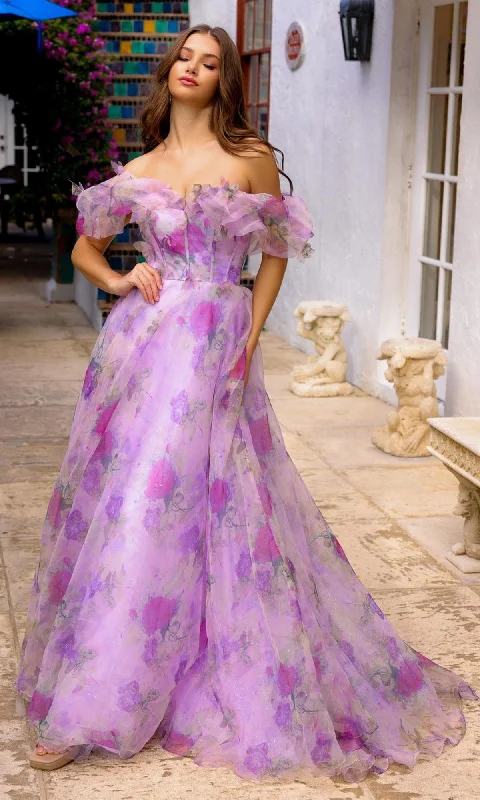 Flash Discount Purple Floral-Print Off-Shoulder Long Prom Gown