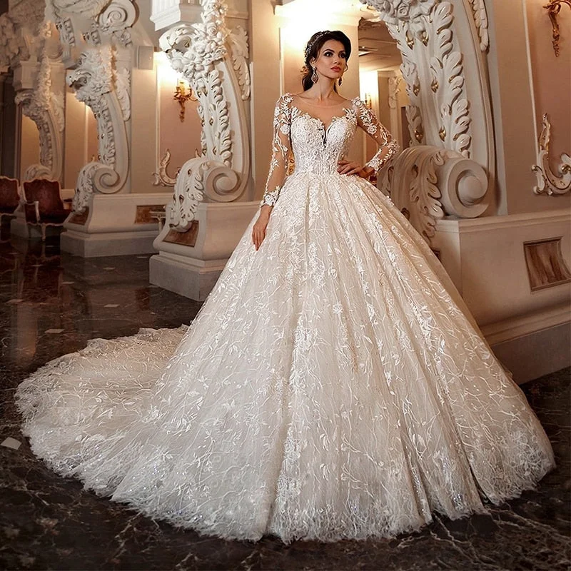 City Fashion Roycebridal luxury Long Sleeve Flowers Lace Ball Gown Wedding Dresses Chic Appliques Beaded Cathedral Vintage Train Bridal Gowns Talla Gran