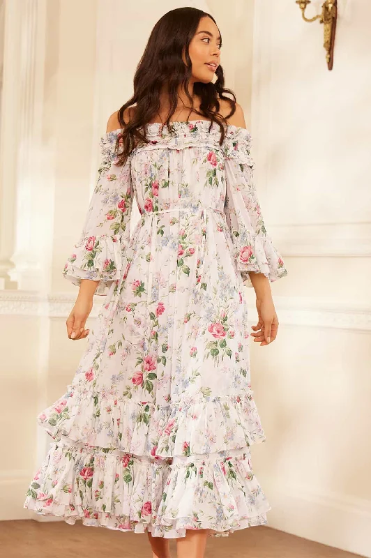 Women's Clothes Floral Fantasy Chiffon Off-Shoulder Ankle Gown