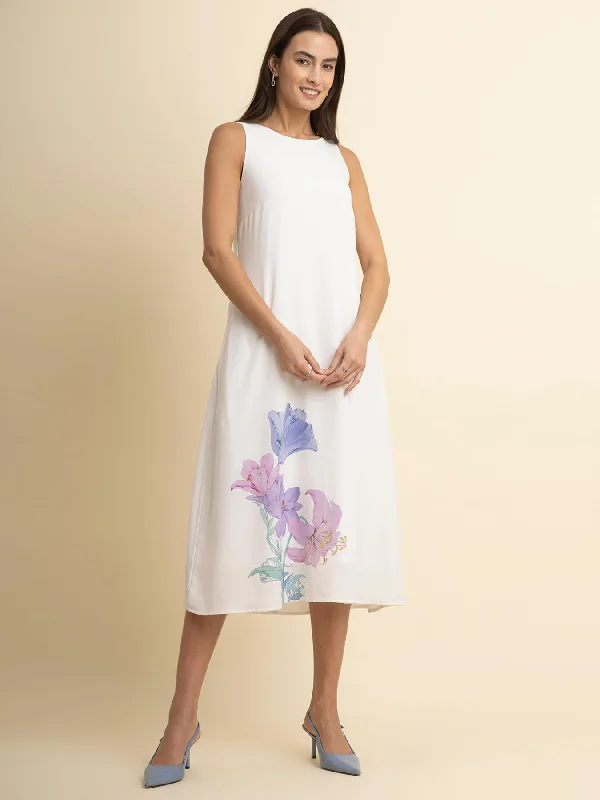 End Of Season Clearance Floral Print A-Line Dress - White