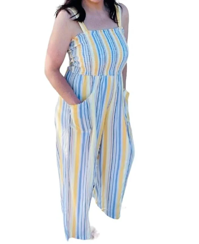 Trendy Styles Smocked Jumpsuit In Yellow And Blue Stripes