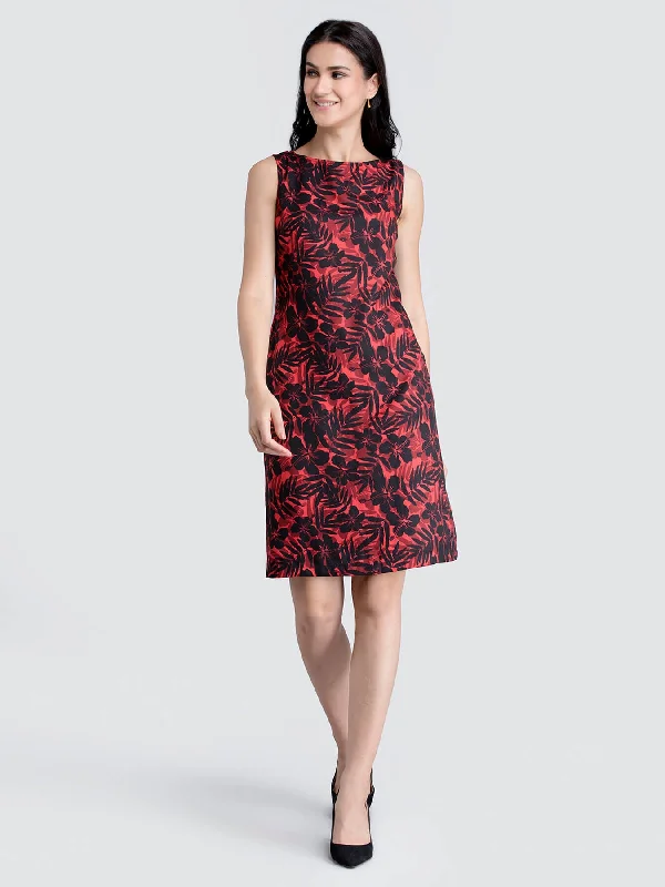 Special Offer Boat Neck Floral Shift Dress - Red