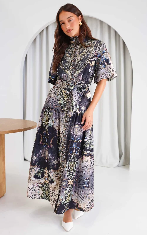 Chic And Comfortable Sahara Night Sky Short Sleeve Maxi Dress -  Black Multi Print