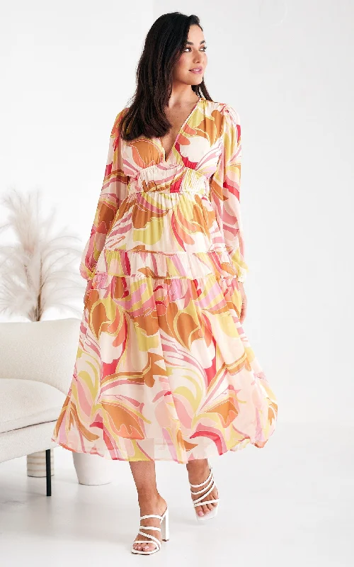 Clothing Brands Diana Long Sleeve Maxi Dress - Yellow Cream Multi Print