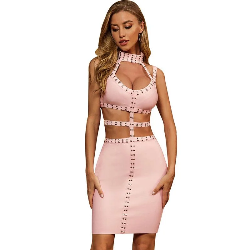 Women's Clothes Online Shopping Pink Hollow Out Party Bandage Sleeveless Mini Dress