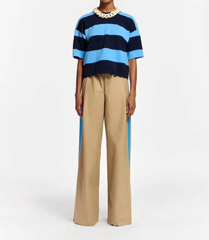 Effortless Style, Endless Impact Beigh Wide-Leg Pants With Blue Stripe In Khaki And Blue