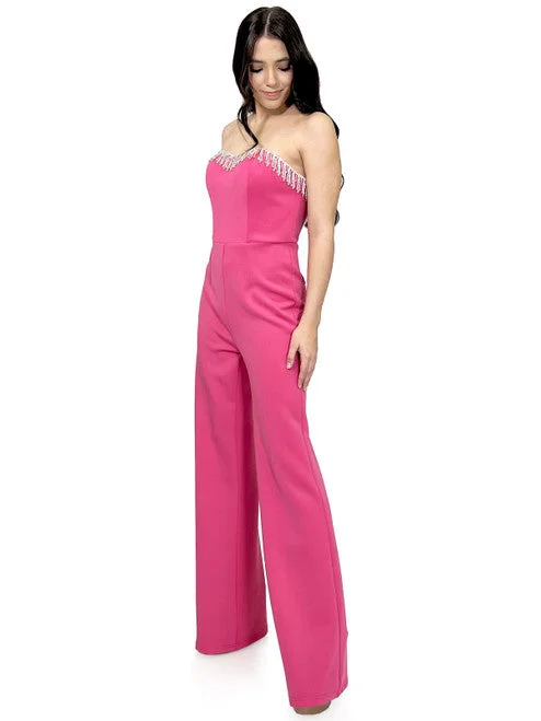 Eclectic Fashion Marc Defang 8180 Size 2, 12 Hot Pink Long Scuba Strapless Jumpsuit Crystal Fringe Tassel Pageant Neon