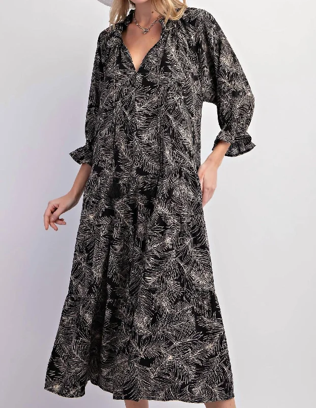 Limited Time Offer Leaf Print Cotton Poplin Ruffle Maxi Dress In Black