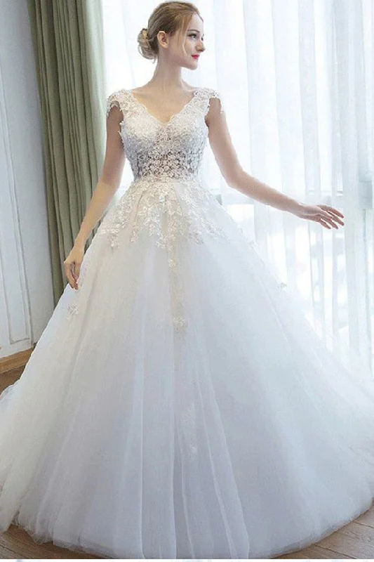 Exclusive Discount Ball Gown V-Neck Tulle Court Train Appliques Lace Backless Cap Sleeve Bridal Dresses N1265