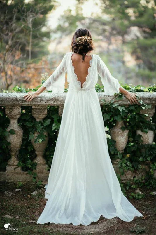 Fashion Sale Sexy Chiffon 3/4 Sleeves and Backless Bridal Dresses Long Chiffon Beach Wedding Dresses N1268