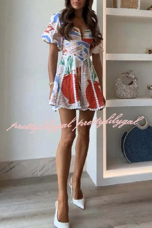 Clothes Of Woman Como Linen Blend Ric Rac Trims Unique Print Puff Sleeve Mini Dress