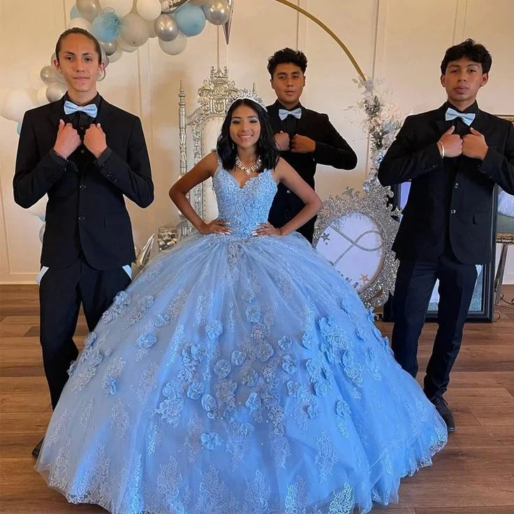 Chic Women’s Clothing for Work and Travel Light Sky Blue Quinceanera Off Shoulder Tulle 3D Floral Formal Birthday Luxury Dress 15th Ball Gown Y6958