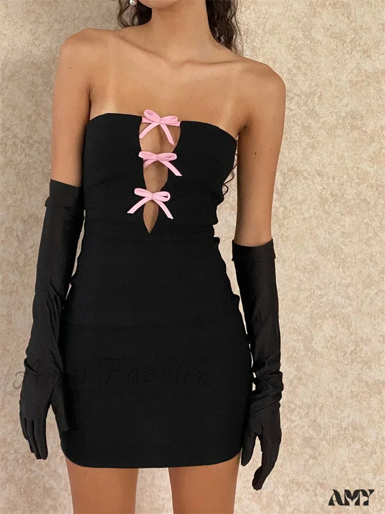 Graceful Fashion Amy Fashion - Sexy Strapless Off Shoulder Casual Bow Patchwork Cutout Mini Dress