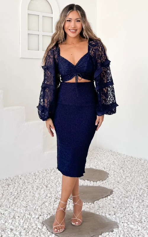 Clothing Sales Leona Lace Sleeve Midi Dress - Navy