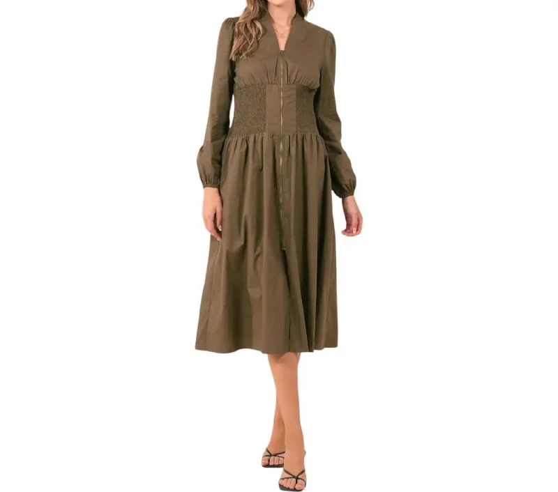 Trend Driven Wardrobe Poplin Smocked Waist Midi Dress In Olive