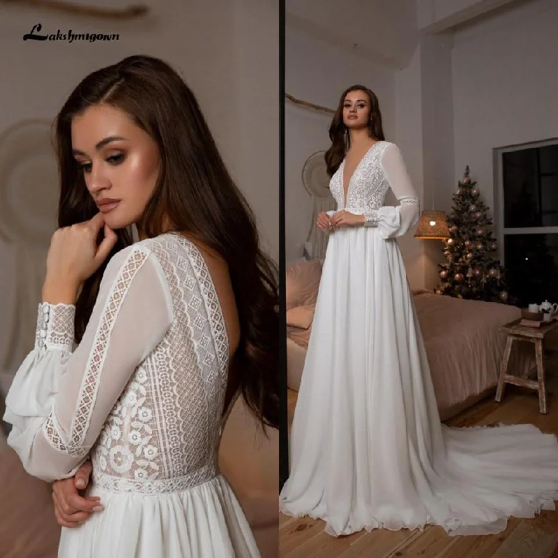 Premium Fashion Roycebridal Long Sleeve Wedding Dresses A Line Simple Beach Chiffon