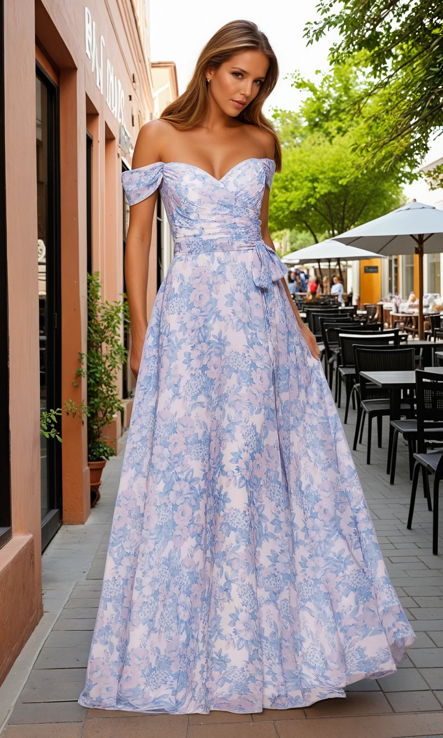 Big Savings Long Floral-Print A-Line Prom Dress: Ladivine 7441