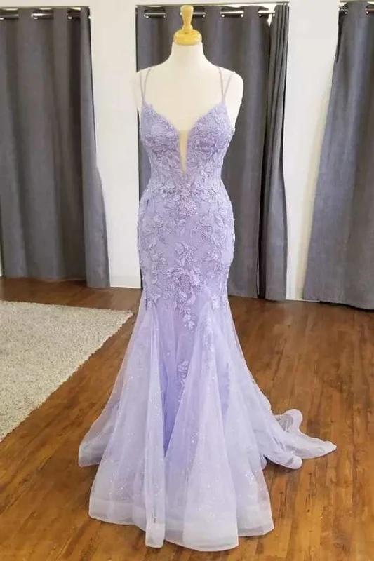 Spring Fashion Mermaid Lavender Floral Lace Straps Long Prom Dress Y6757