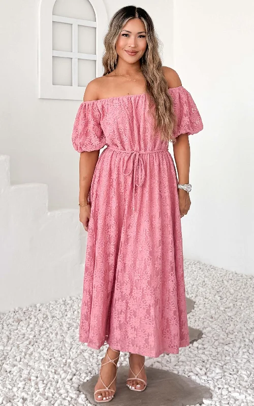 Fashion Women's Clothing Nara Midi Dress - Rose Pink Lace