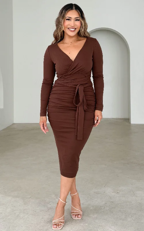 Women's Fashion Clothing Aston Long Sleeve Midi Dress - Chocolate Brown