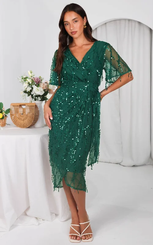 Women Apparel Fireworks Sequin Midi Dress - Emerald