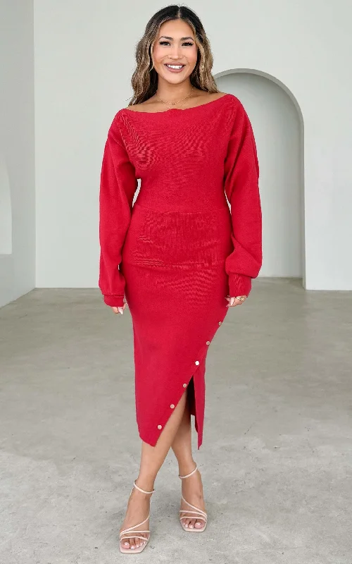 Minimalist Style Pierre Knit Midi Dress - Lipstick Red