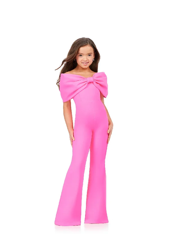 Limited Time Offer Ashley Lauren Kids 8227 Size 4, 12 Hot Pink Scuba off the Shoulder Bow Pageant Jumpsuit Girls