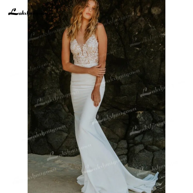 Online Shopping Boutiques Roycebridal Mermaid Soft Satin Wedding Dresses Spaghetti Straps Sleeveless Sexy Low V-Neck Beading Lace Appliques Cathedral Train Bride Gown