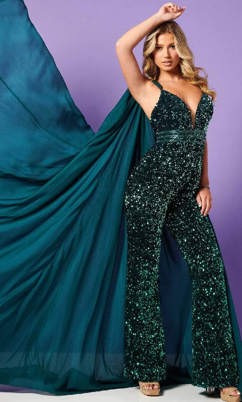 Luxury Fashion Rachel Allan 50202 - Sleeveless Sequin Jumpsuit With Cape