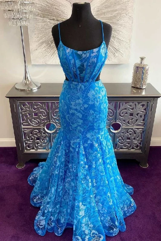 Chic Women’s Clothing for Date Nights Blue Floral Lace Backless Trumpet Long Prom Dress Y7030