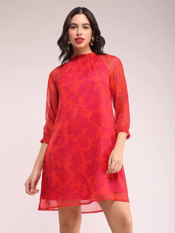 Trendy Styles Floral Smocked Neck Dress - Orange And Fuchsia