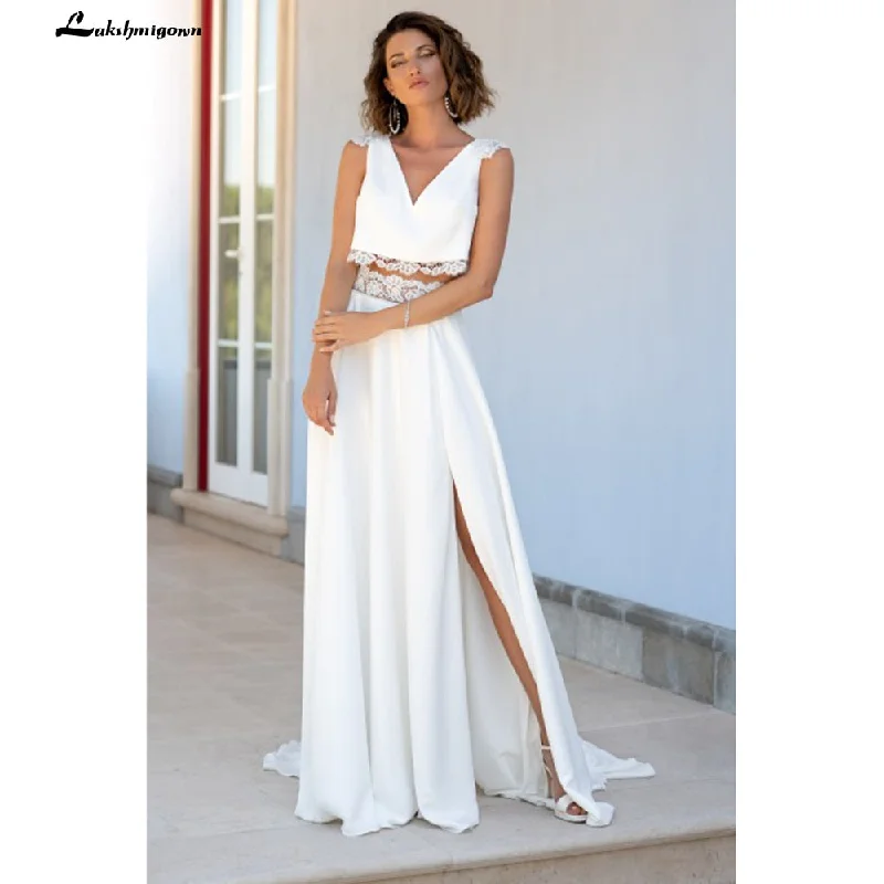 Trend Alert Roycebridal Modest Two pieces White Wedding Dress V Neck Simple Bridal Gowns Font Slit Chiffon Floor Length Bridal Dresses