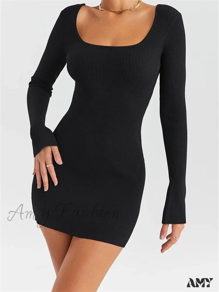 Stylish Women's Apparel Amy Fashion - Knitted Ribbed Party Solid Long Sleeve Square Neck Mini Dress