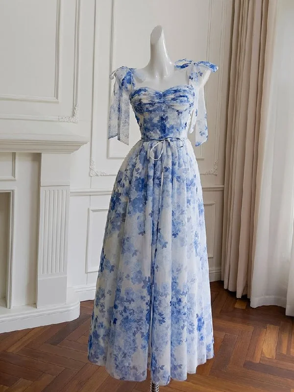 Women's Clothing Sale Online Elegant Tulle Tie Shoulder Blue Floral Print Party Dress Y7618