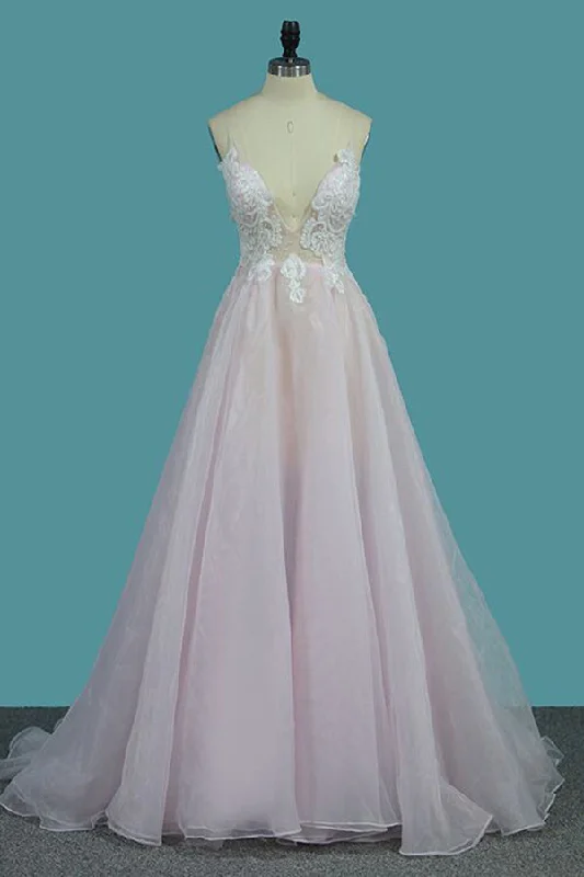 Current Trends Deep V-Neck Light Pink A Line Prom Dresses Spaghetti Straps Appliques Sexy Prom Dresses N946