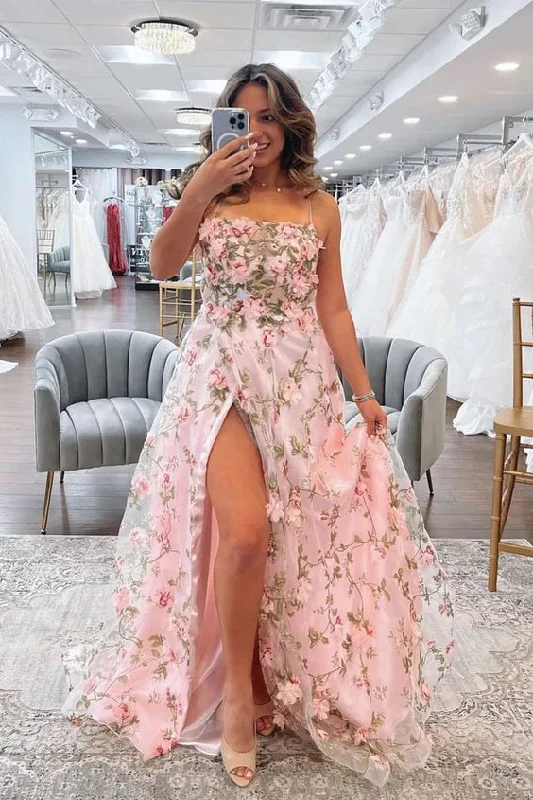 Women’s Clothing for Every Season and Trend A Line Pink Floral Long Prom Dresses with High Slit, Formal Graduation Evening Dresses Y5893