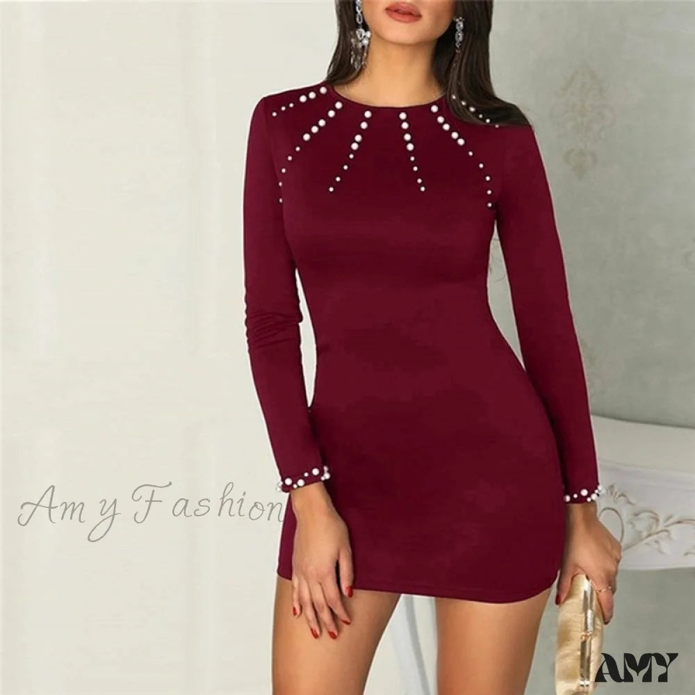 Holiday Gift Guide Sale Amy Fashion - Long Sleeve O-neck Elegant Solid Slim Mini Dress