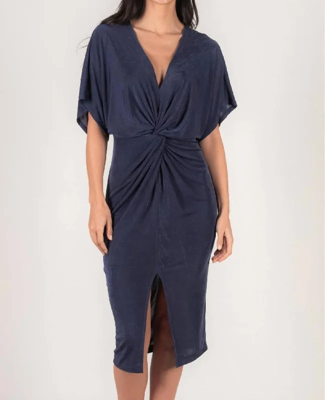 Wardrobe Refresh V-Neck Fitted Midi Dress In Navy