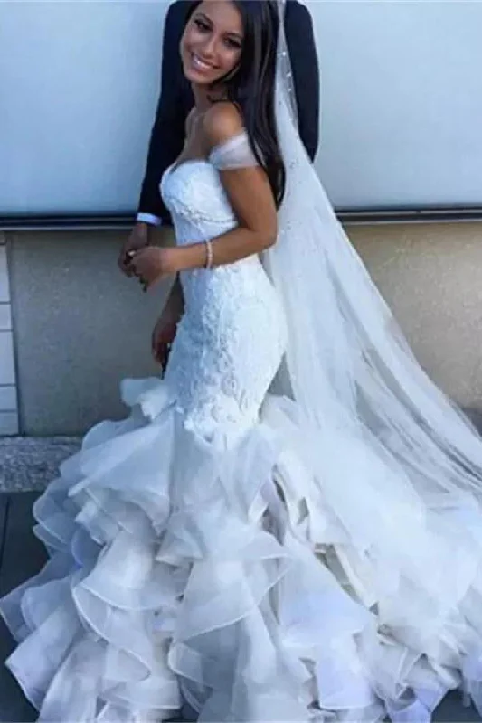 Trend Alert Gorgeous Off the Shoulder Mermaid Wedding Dresses with Ruffles White Bridal Gown N1158