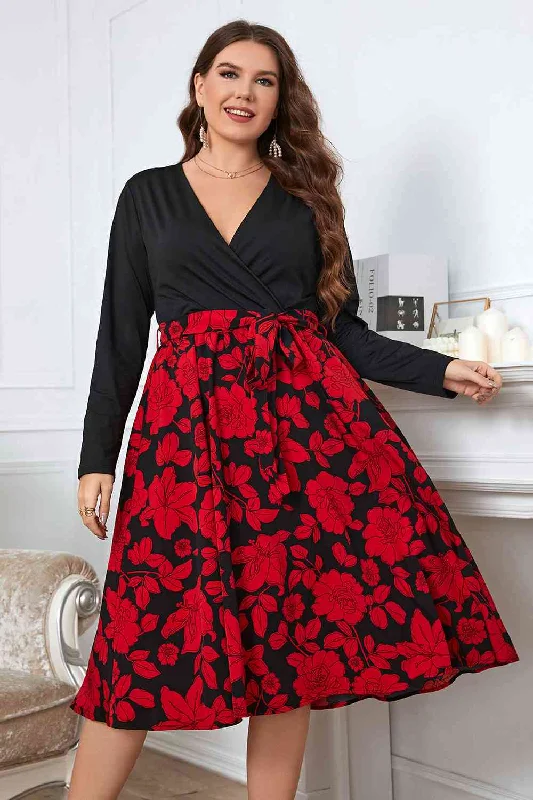 Bundle Offer Plus Size Floral Surplice Neck Long Sleeve Dress