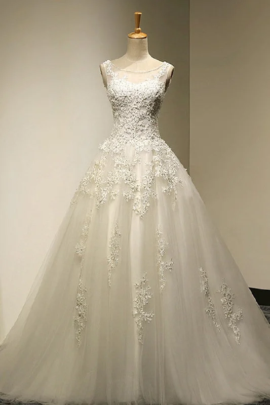 Latest Fashion Elegant Tulle Backless Beading Wedding Gown with Court Train