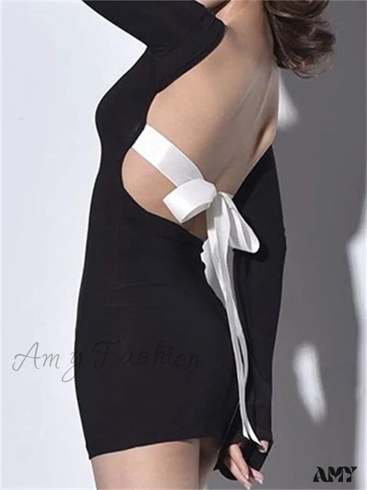 Evening Elegance Amy Fashion - Autumn Slim Fit Backless Black Long Mini Dress