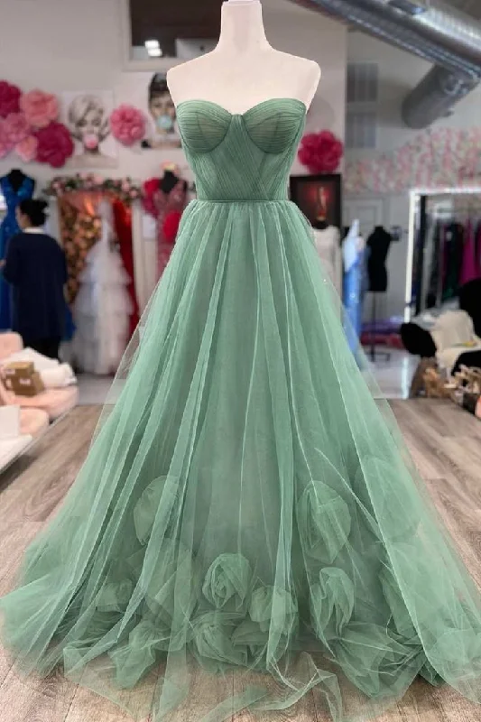 Exclusive Deals Online Green Strapless Floral Long Prom Dresses, Green Formal Dresses, Green Tulle Evening Dresses Y4640