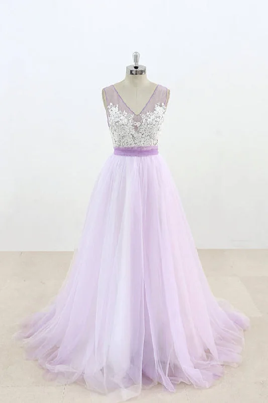 Street Style Fashion Lilac V-Neck Sleeveless Tulle Wedding Dresses Lace Appliqued Bridal Gown with Belt N817