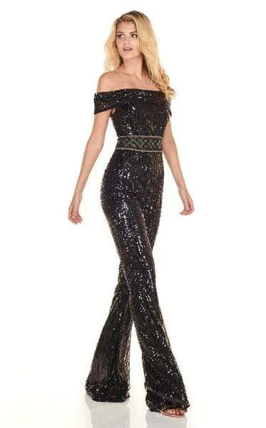 Vintage Inspired Fashion Sale Rachel Allan - Sequined Off-Shoulder Jumpsuit 4147 - 1 pc Black In Size 6 Available