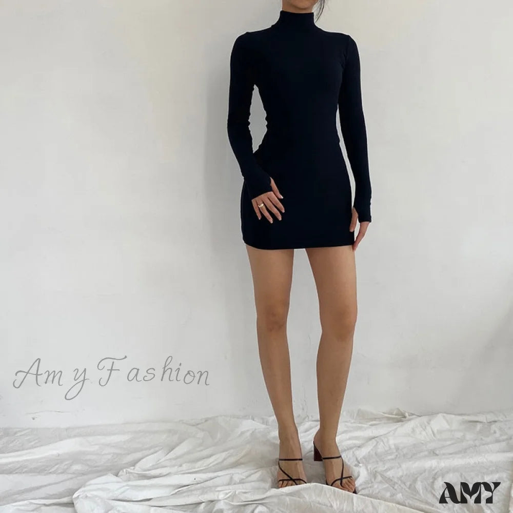 Clothes For Woman Amy Fashion - Sexy Solid Turtleneck Skinny Mini Dress