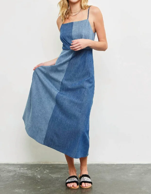 Catch Every Fashion Trend Strap Midi Dress With Pockets In Washed Denim