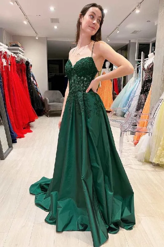 New In This Season Green Floral Appliques Lace-Up A-Line Prom Dress Y6326