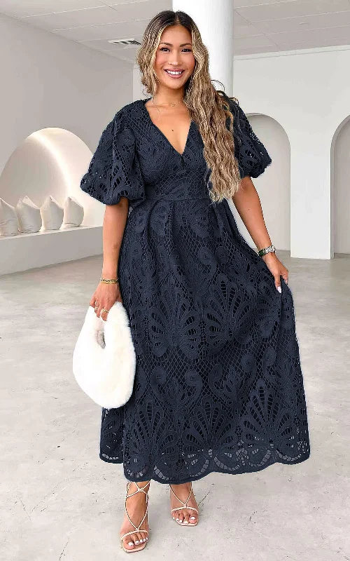 Boho Chic Fashion Hazelle Lace Maxi Dress - Navy