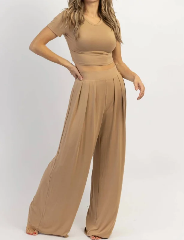 Chic Style, Always In Vogue Butter Soft Palazzo Pants Top Set In Toffee